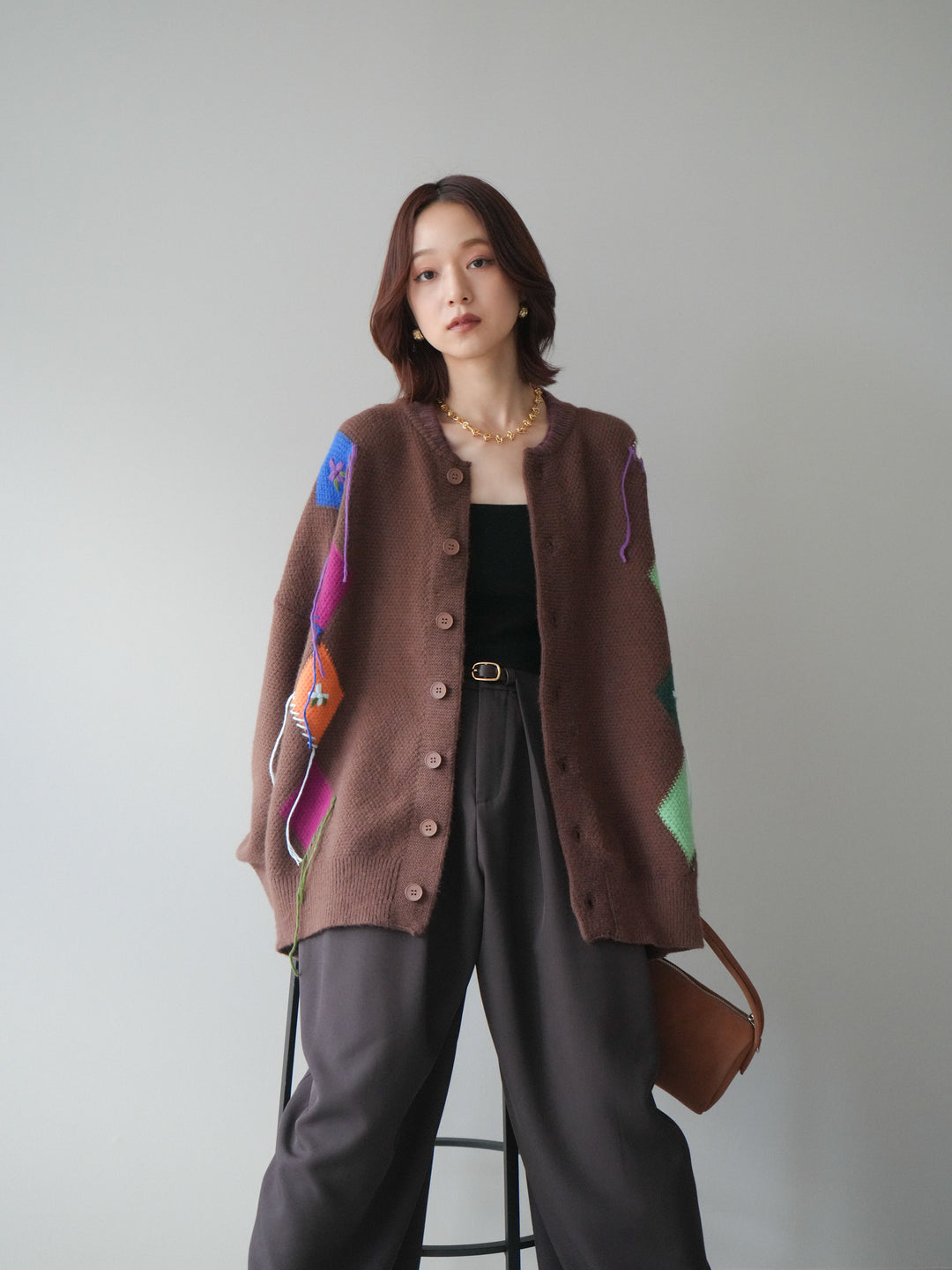 [SET]ハンドステッチアーガイルデザインニットカーディガン+ベルトループデザインワイドパンツ(2set)