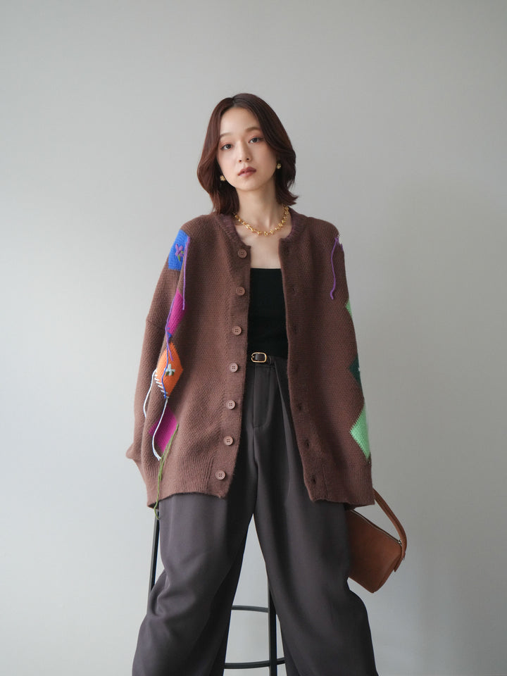 [SET]ハンドステッチアーガイルデザインニットカーディガン+ベルトループデザインワイドパンツ(2set)