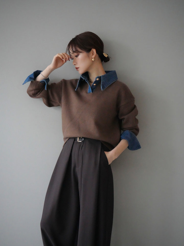 [SET]デニム襟ポロニットプルオーバー+選べるアクセセット(2set)