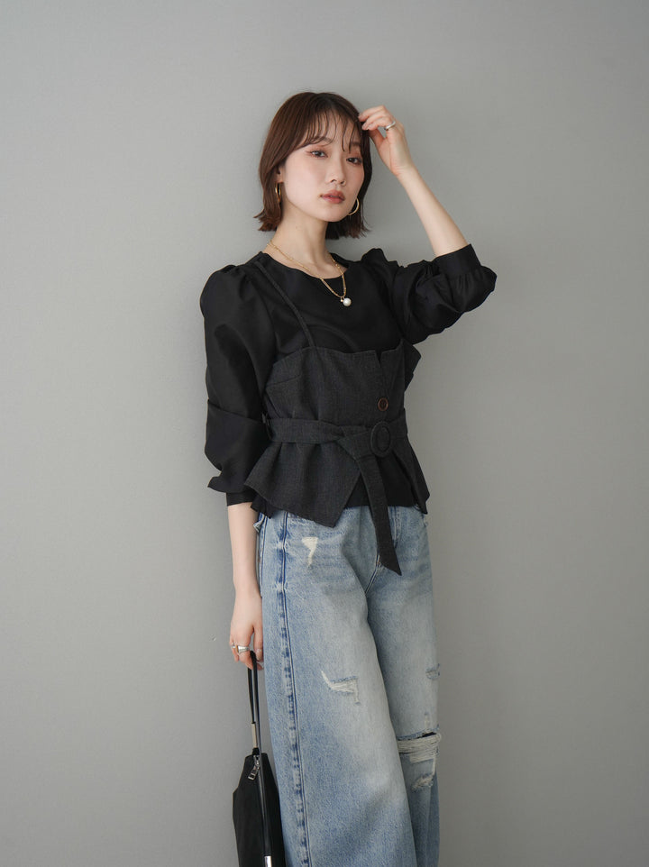 [SET]異素材ビスチェドッキングブラウス+選べるアクセセット(2set)