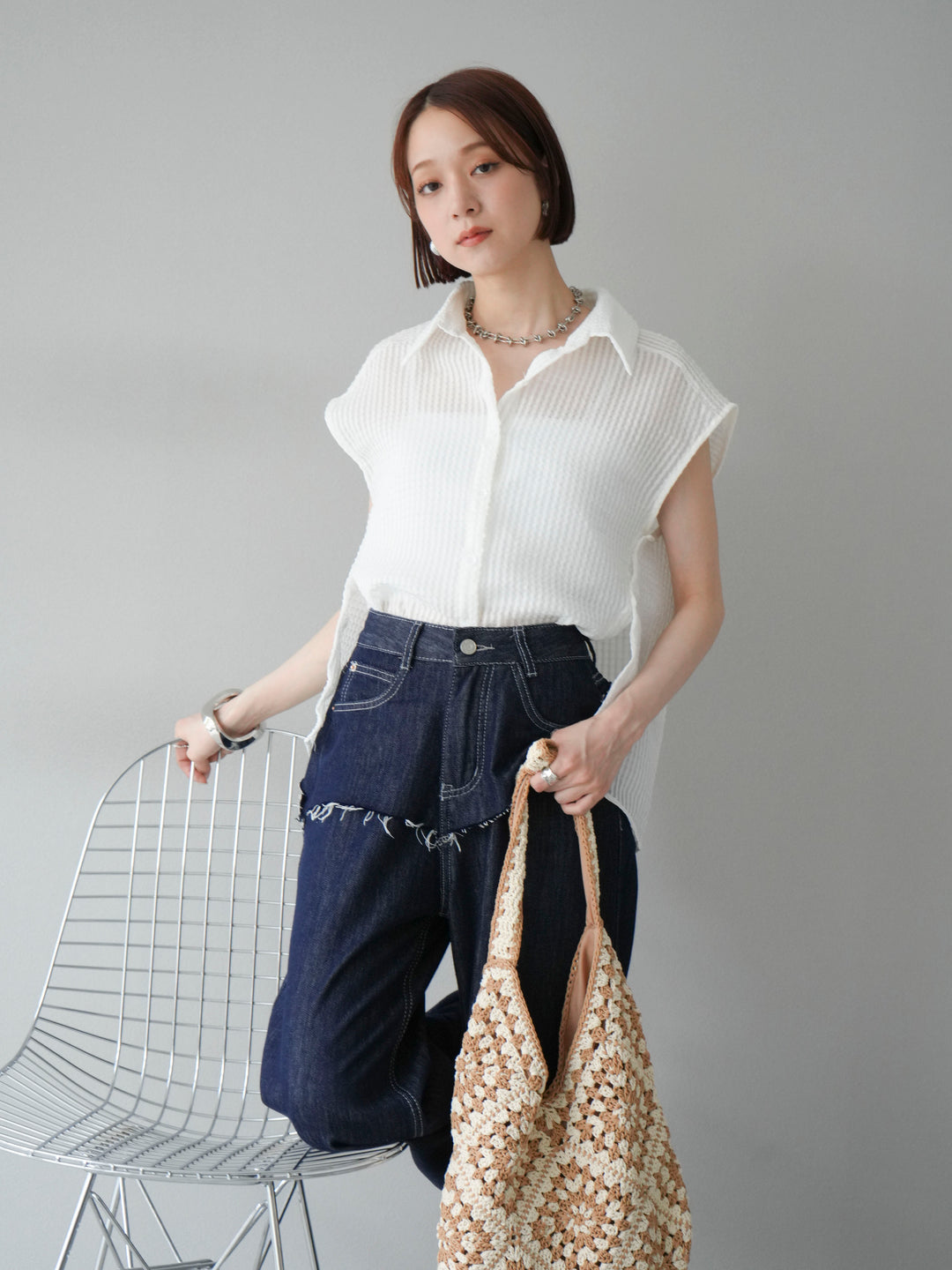 [予約]シアーチェックノースリーブシャツ/ホワイト