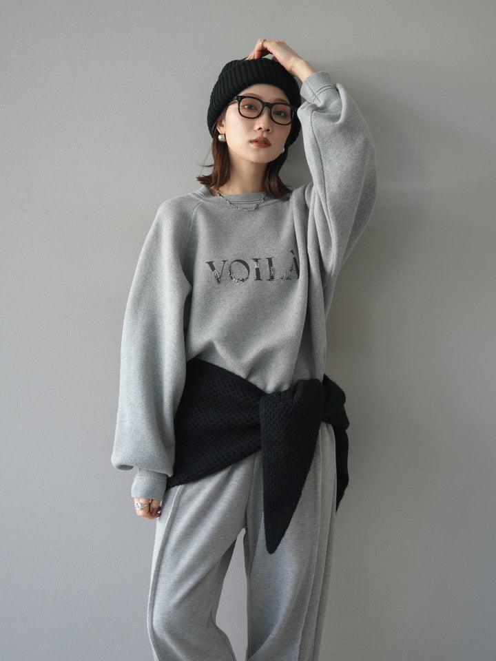 [予約]スウェットライクビーズロゴ刺繍ニットプルオーバー/mokugray