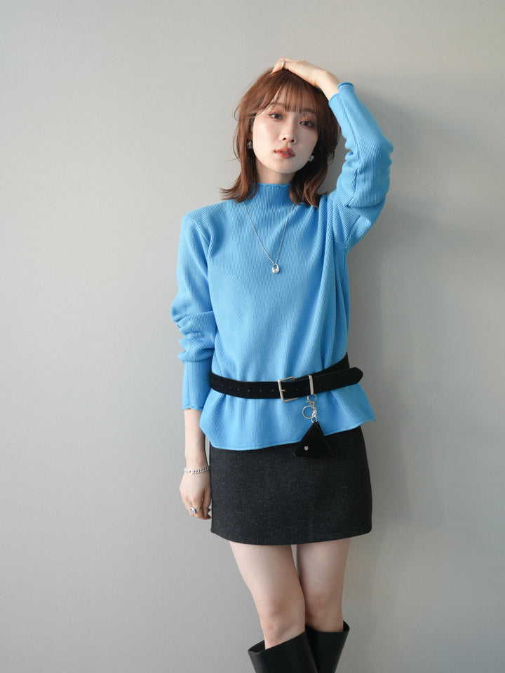 [予約]ボトルネック裾カールリブニットトップス/blue