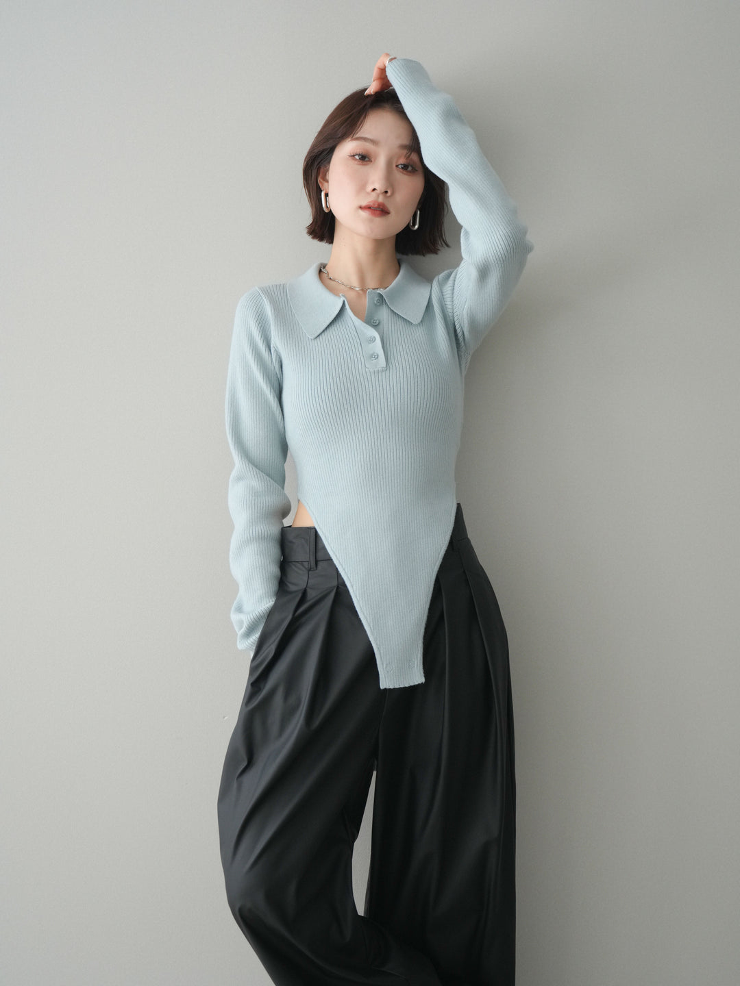 [予約]リブポロニットボディスーツ/blue