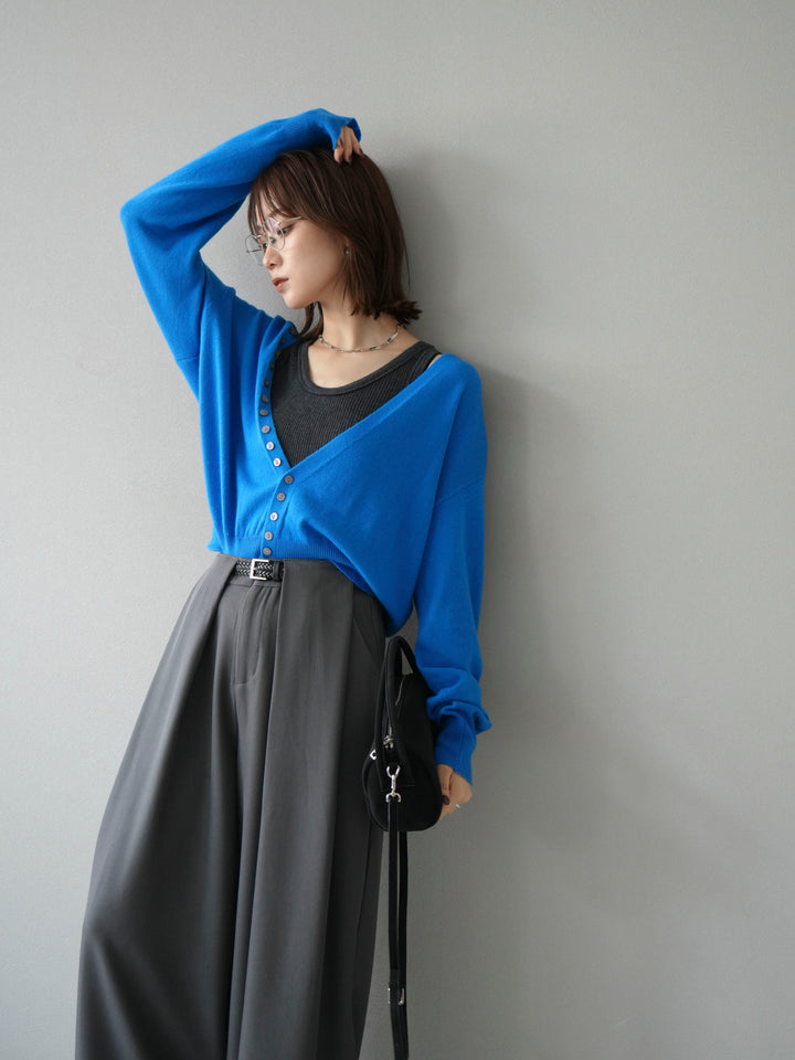 [SET]デザインボタンニットカーディガン＆タンクトップSET+ベルトループデザインワイドパンツ(2set)