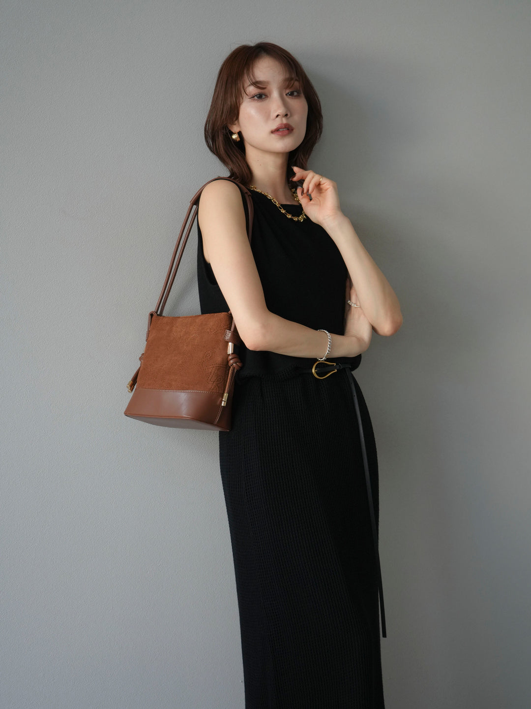 [予約]メッシュ切替ノースリーニットワンピース/black