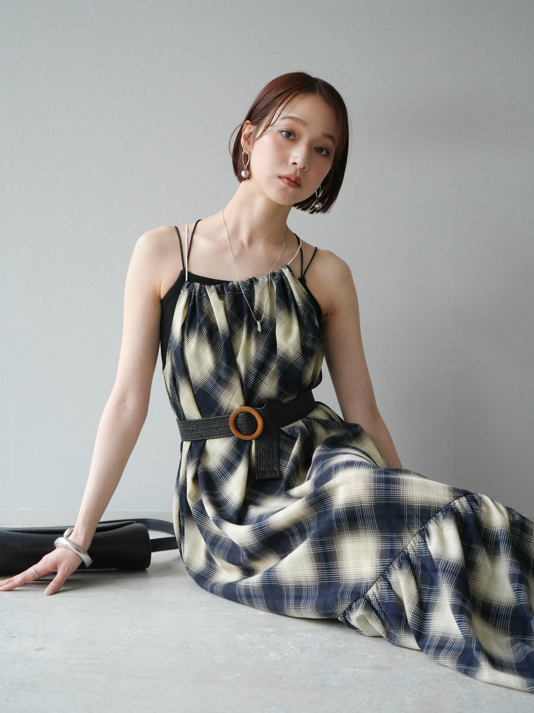 [予約]ベルト付チェックノースリーブワンピース/ブルー