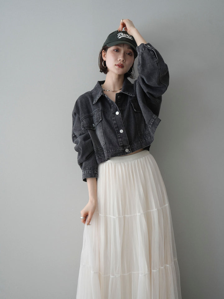 [SET]デニムショートシャツジャケット+ラメプリーツレイヤードチュールロングスカート(2set)