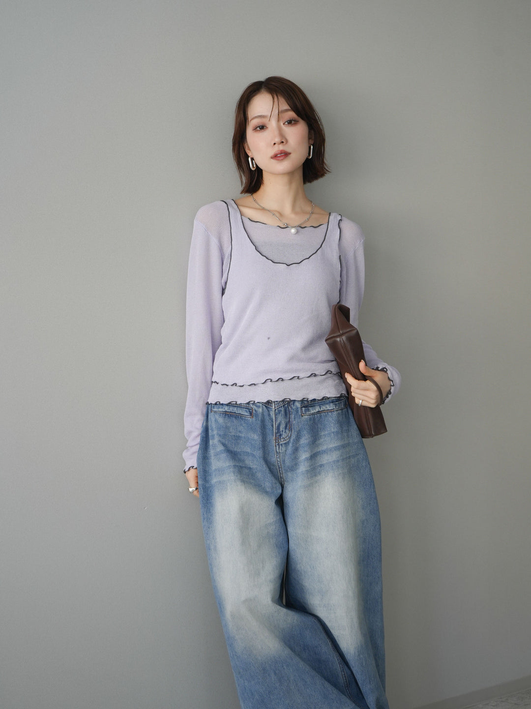 [SET]バイカラーメローアンサンブルシアーニットトップス+選べるアクセセット(2set)