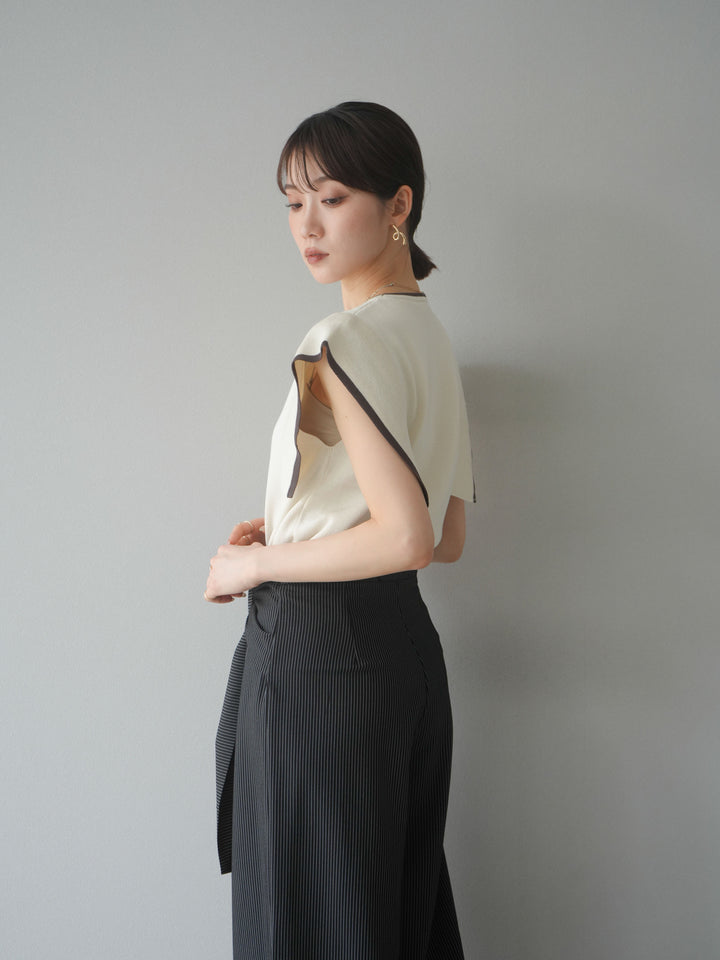 【預購】亞麻質感方袖拼色針織套頭衫/象牙白