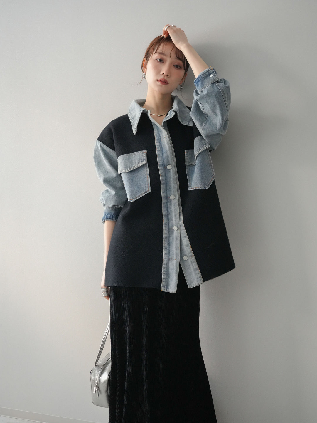 [予約]デニム襟ダブルフェイスニットカーディガン/black