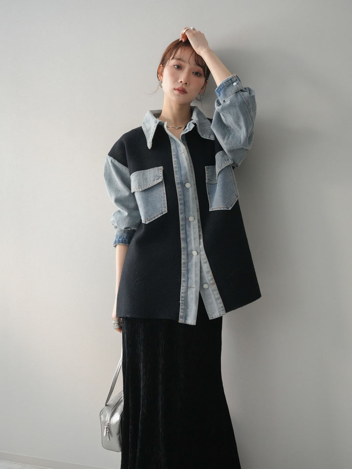 [予約]デニム襟ダブルフェイスニットカーディガン/black