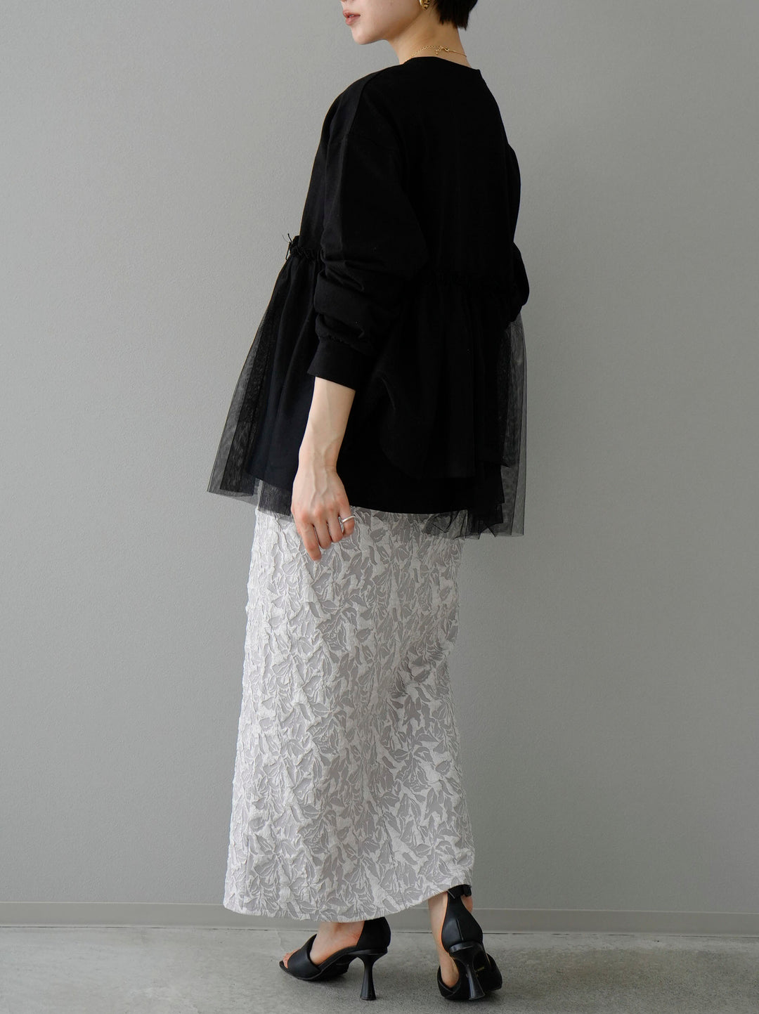 [SET] Tulle docking cut and sew + double zip puffy jacquard skirt (2set)