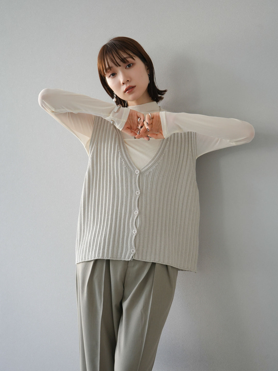 [SET]シアー切替ストレッチ長袖トップス+シアー切替ストレッチトップス(2set)