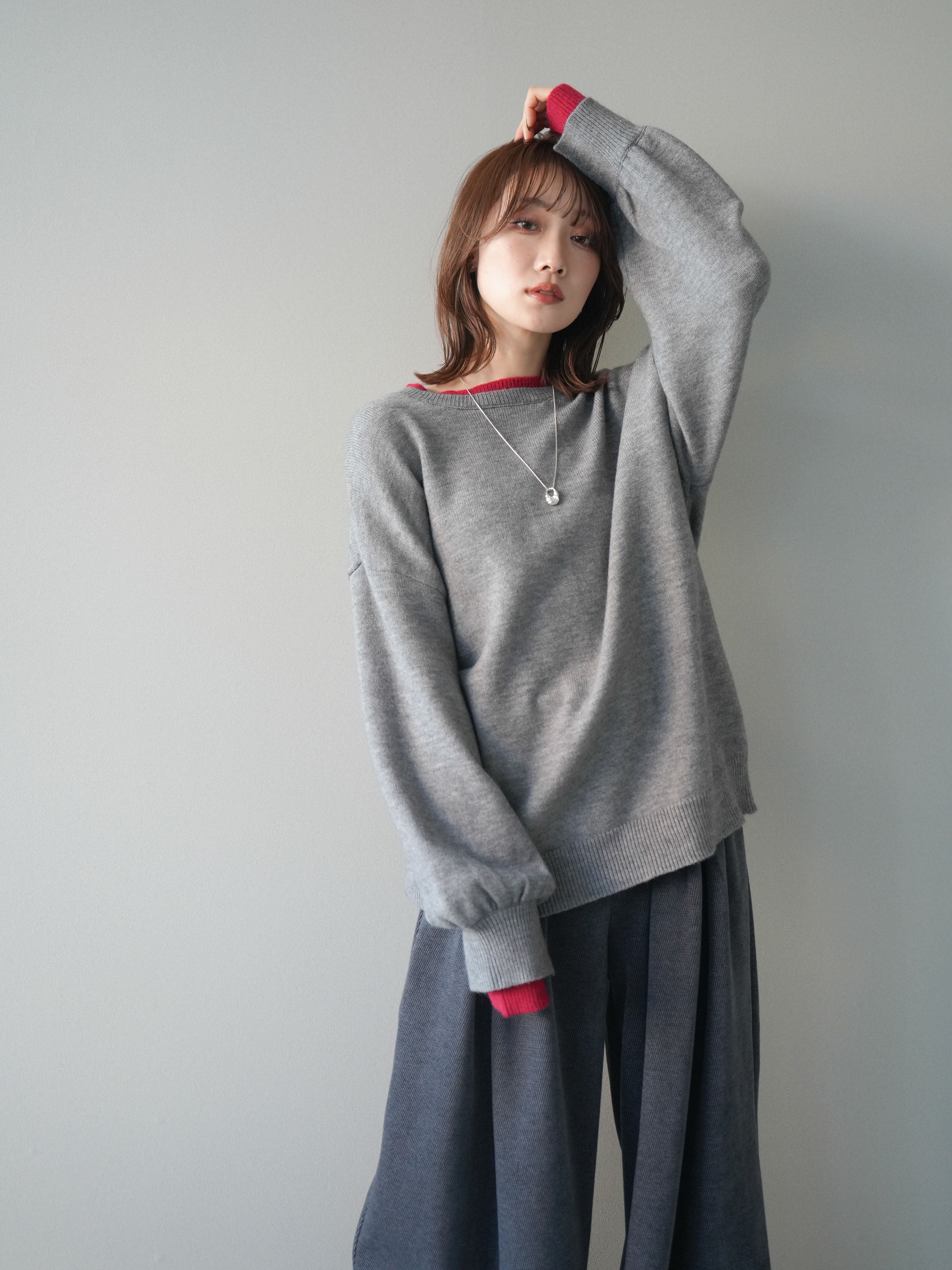 SET]ヘンリーネック配色レイヤードニットプルオーバー+ベルトデザイン