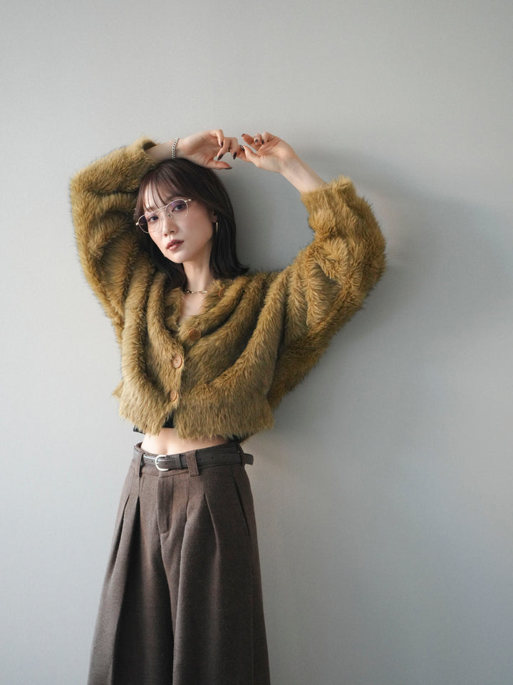 [予約]ミックスシャギーショートニットカーディガン/green