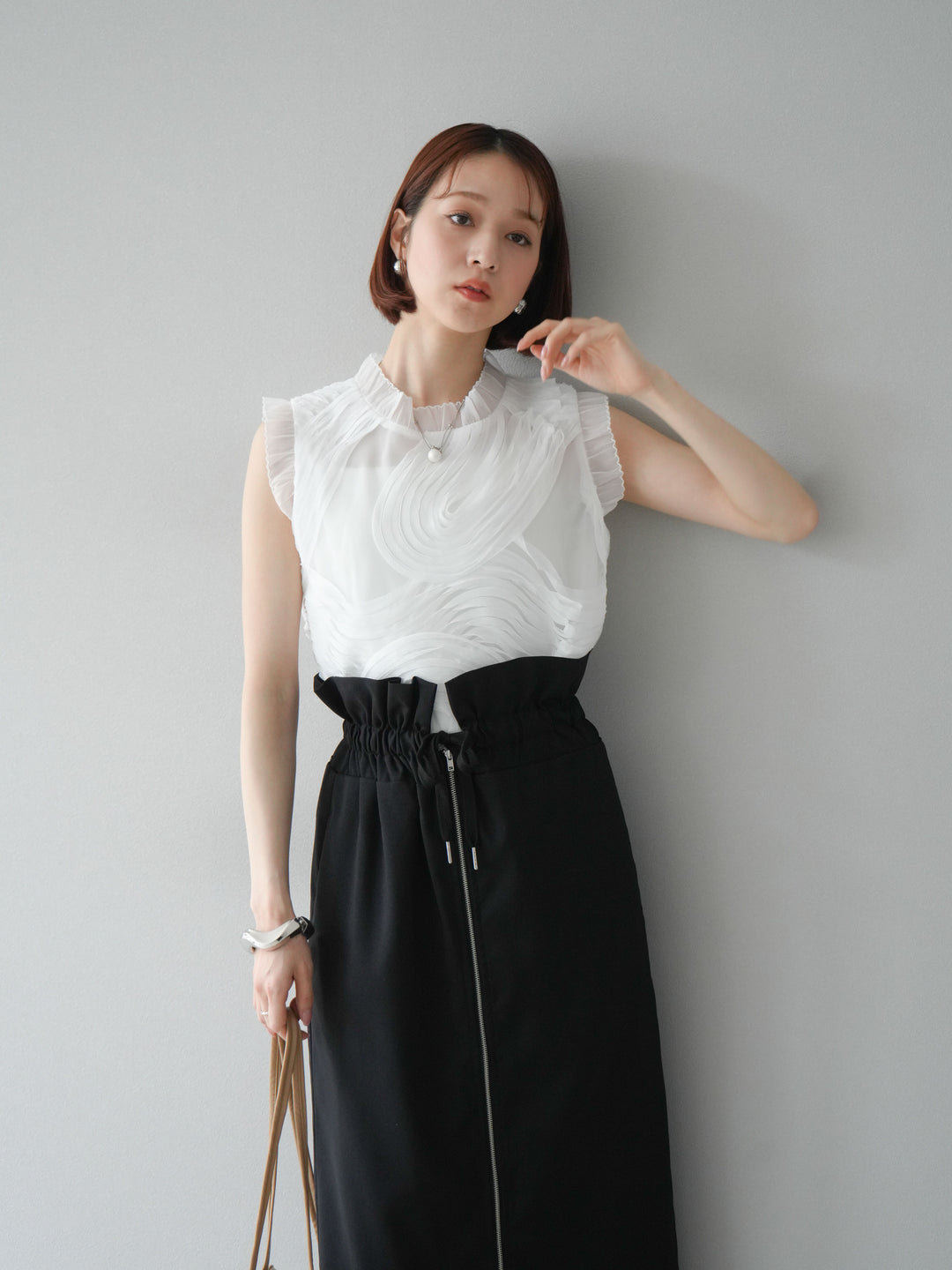 [SET]チュールジャガードノースリブラウス+ヘザーエステルギャザージップスカート(2set)