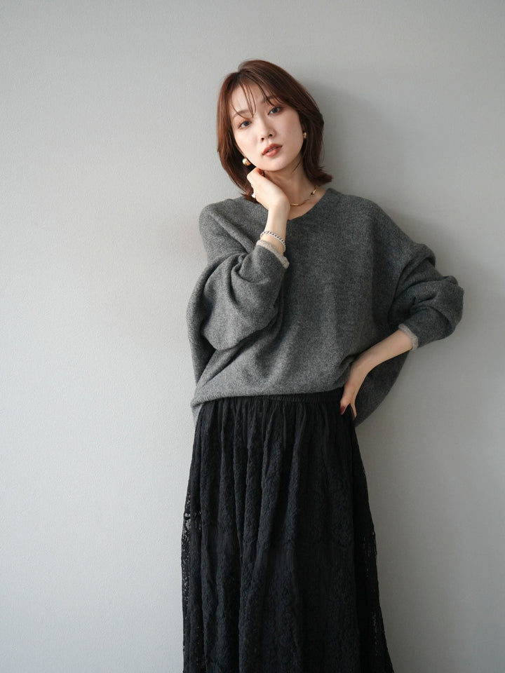 [SET]Vネック配色スリーブニットプルオーバー+選べるアクセセット(2set)