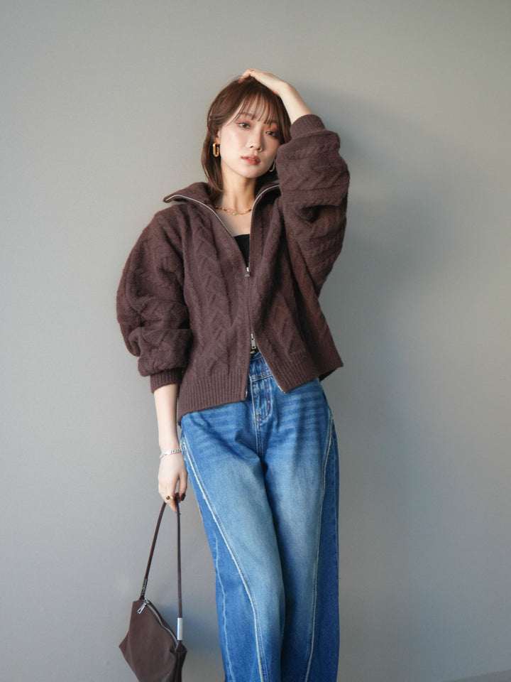 [予約]ケーブル編みハイネックZIPニットカーディガン/brown