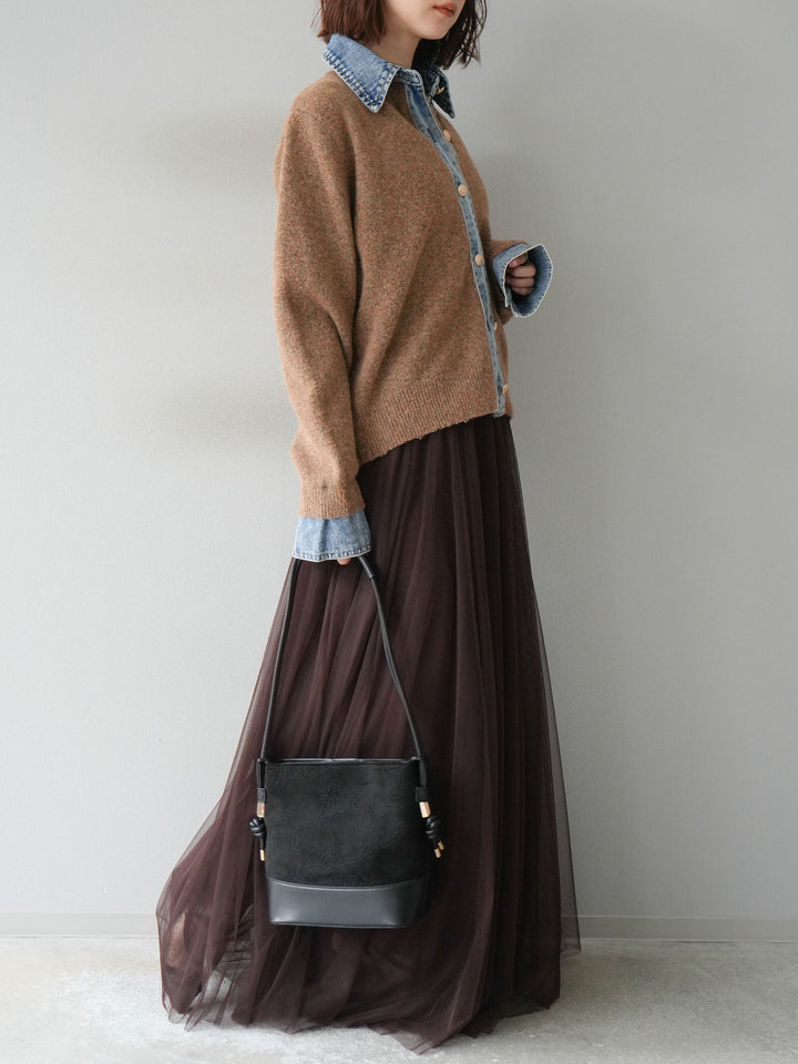 [SET]デニム襟ボタンニットカーディガン+チュールボリュームスカート(2set)