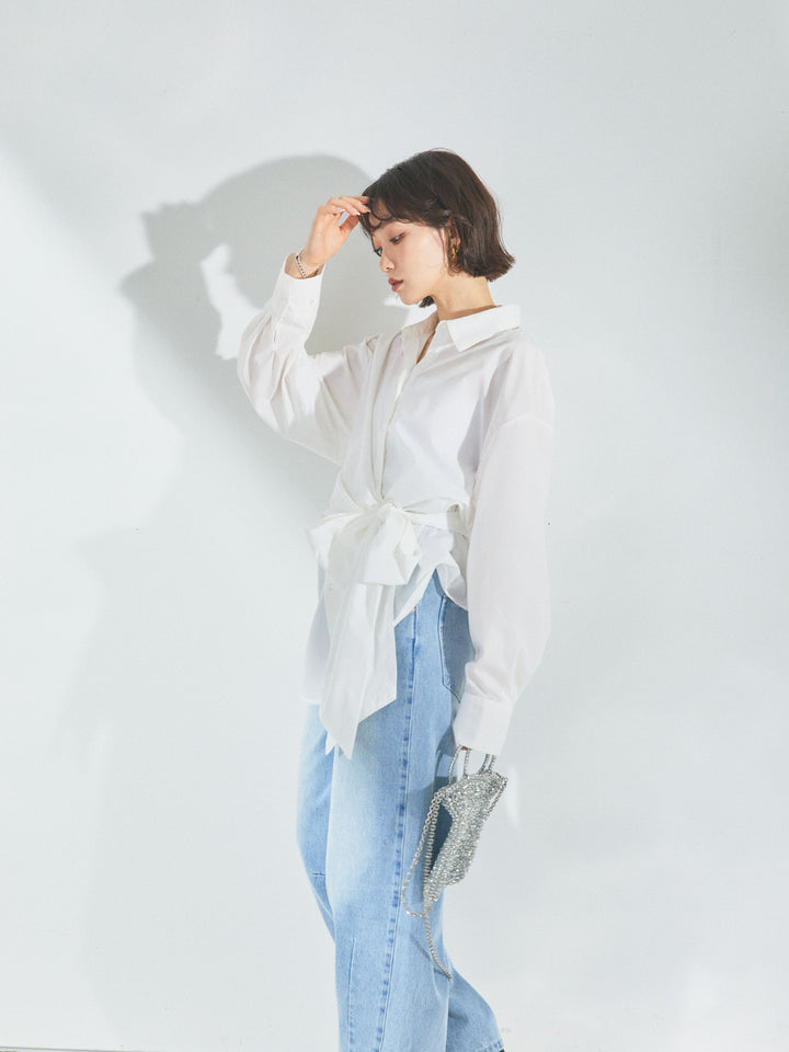 【Allure】[SET]ウエストアシメリボンシャツ+アシメカーブデニムパンツ(2set)