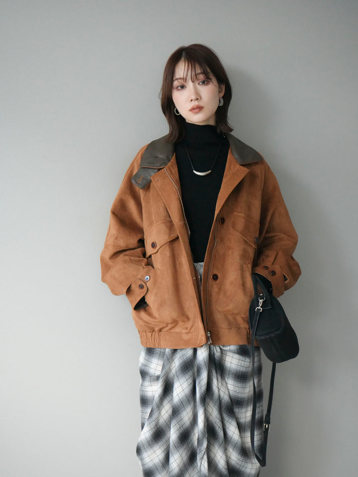 [予約]デザインポケットレザー襟スウェードジャケット/キャメル