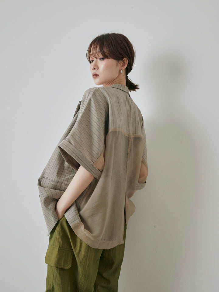 [予約]バックオーガンジーヘリンボーンストライプハーフジャケット/グレージュ