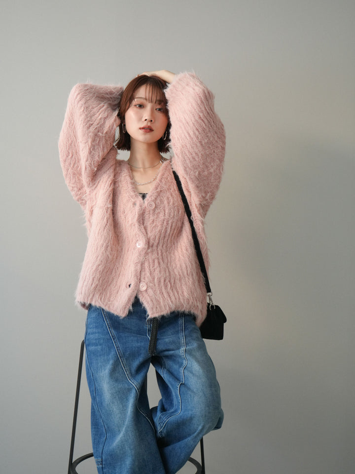 [予約]シャギーオーバーニットカーディガン/pink