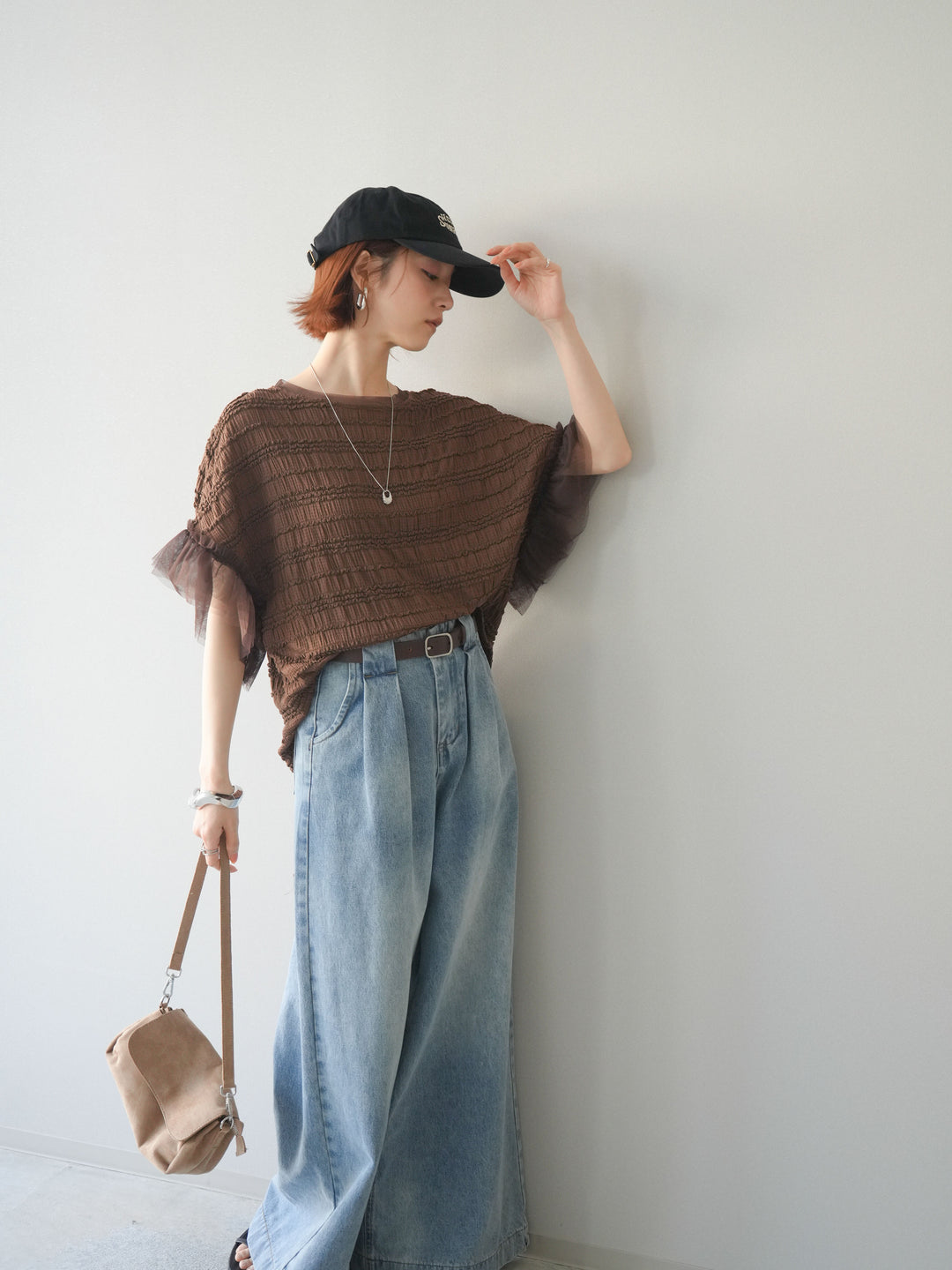 [予約]チュール袖リップルトップス/brown