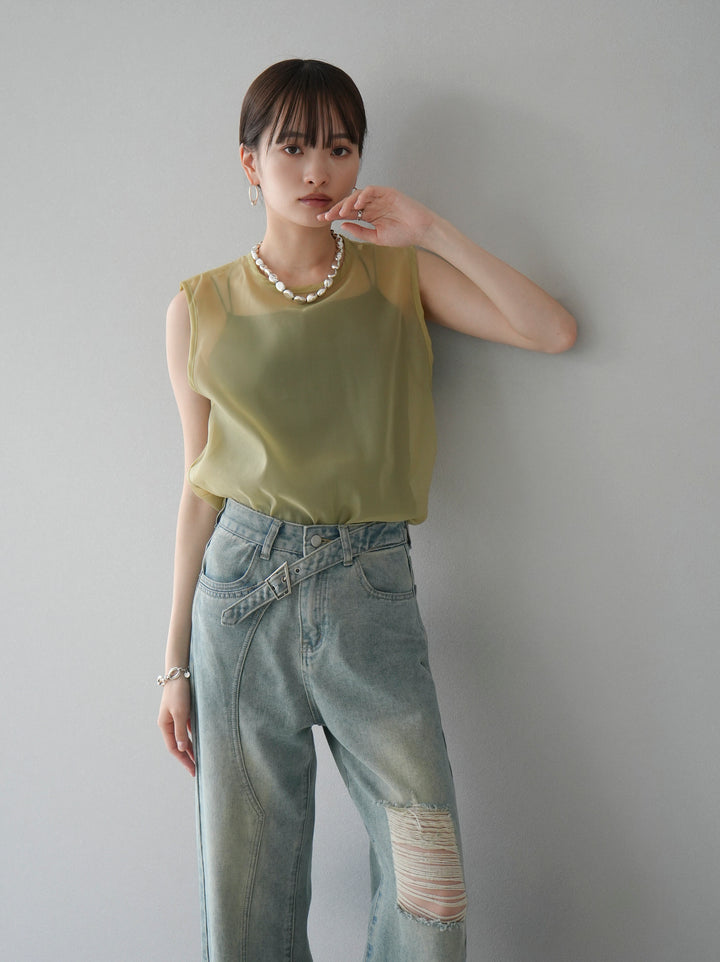 [SET] Organdy sleeveless top + belt asymmetrical damaged denim (2set)