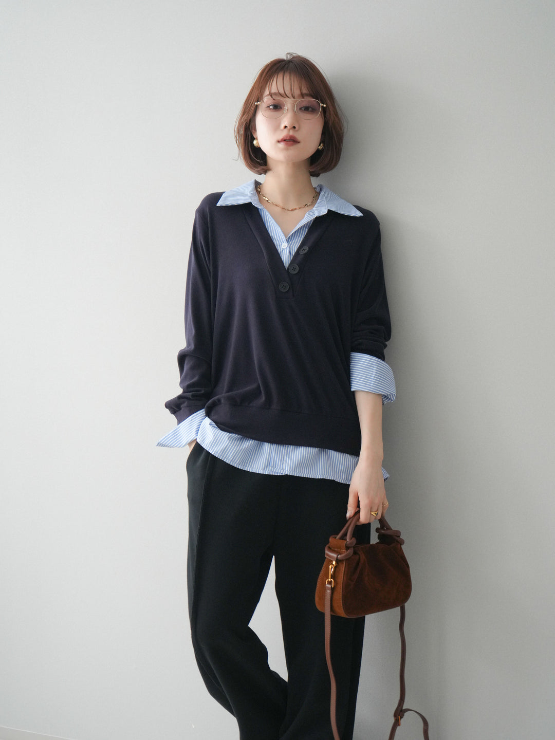 [予約]シャツレイヤードデザインカットプルオーバー/navy