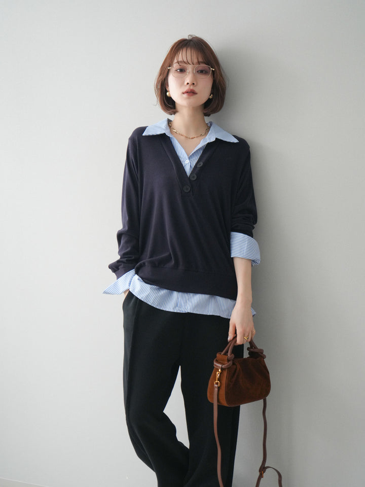 [予約]シャツレイヤードデザインカットプルオーバー/navy
