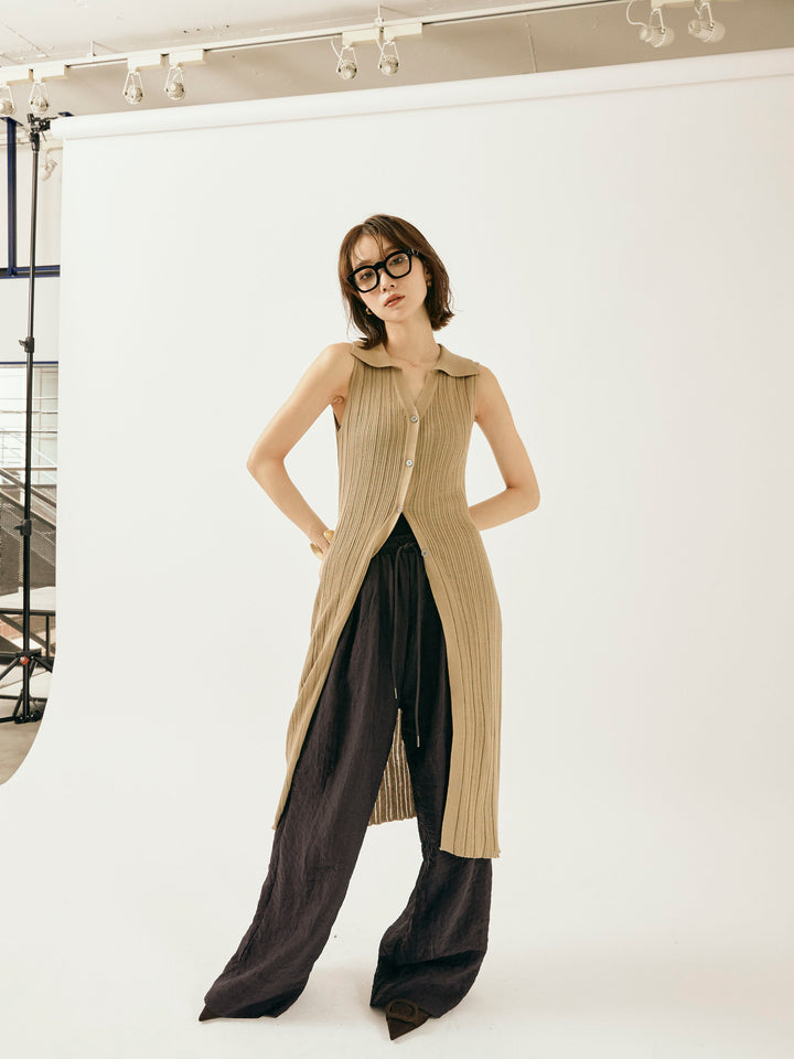 【Allure】[SET]襟付きランダムリブロングニットカーディガン+シャイニースラブシアーワイドパンツ(2set)