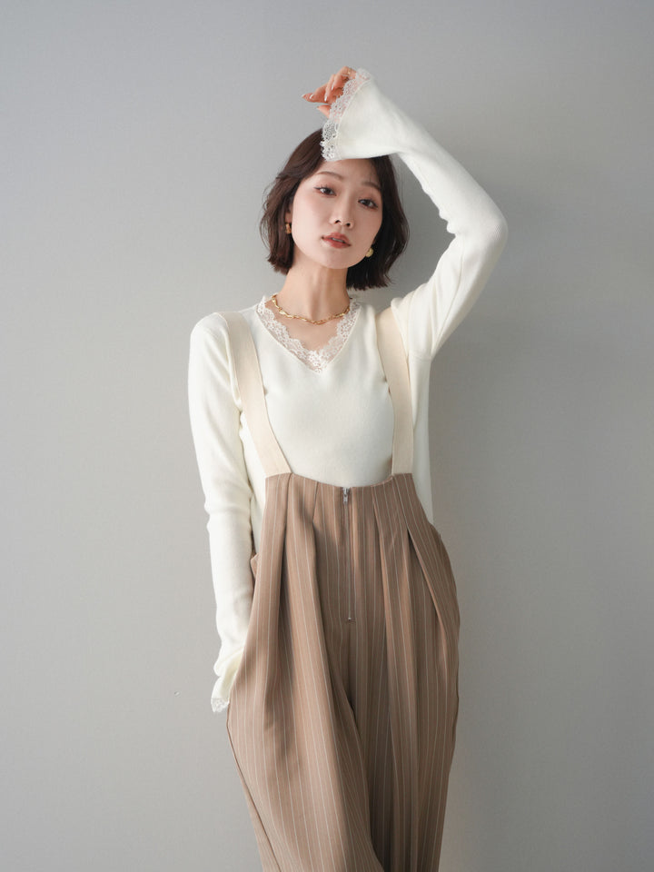 [予約]レースドッキングVネックニットトップス/white