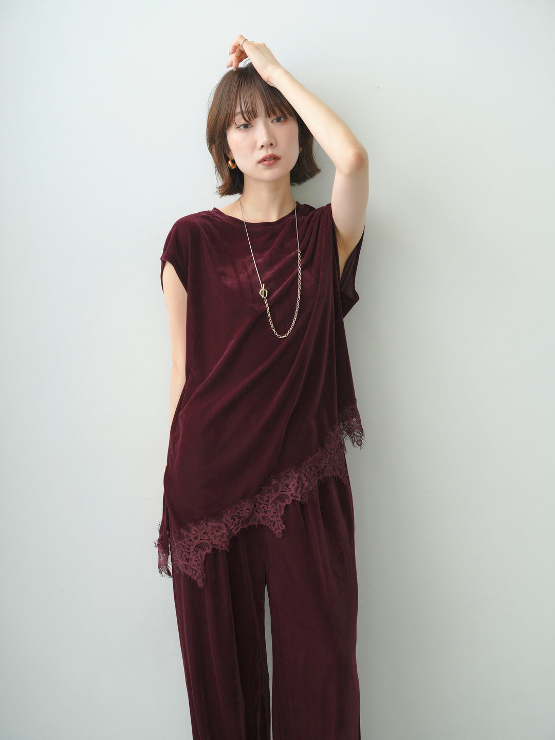 [予約]ベロアレースコンビアシメノースリトップス/bordeaux