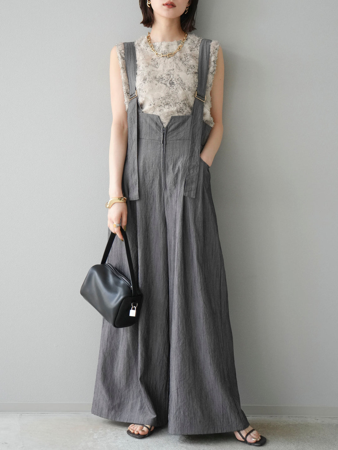 [予約]ストリングデザインハイウエストサロペット/チャコール