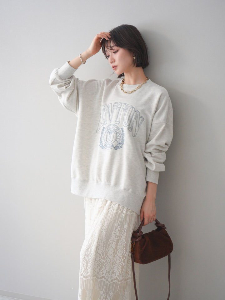 [SET]カレッジロゴ刺繍BIGスウェットプルオーバー+裏プリーツ総レースロングスカート(2set)