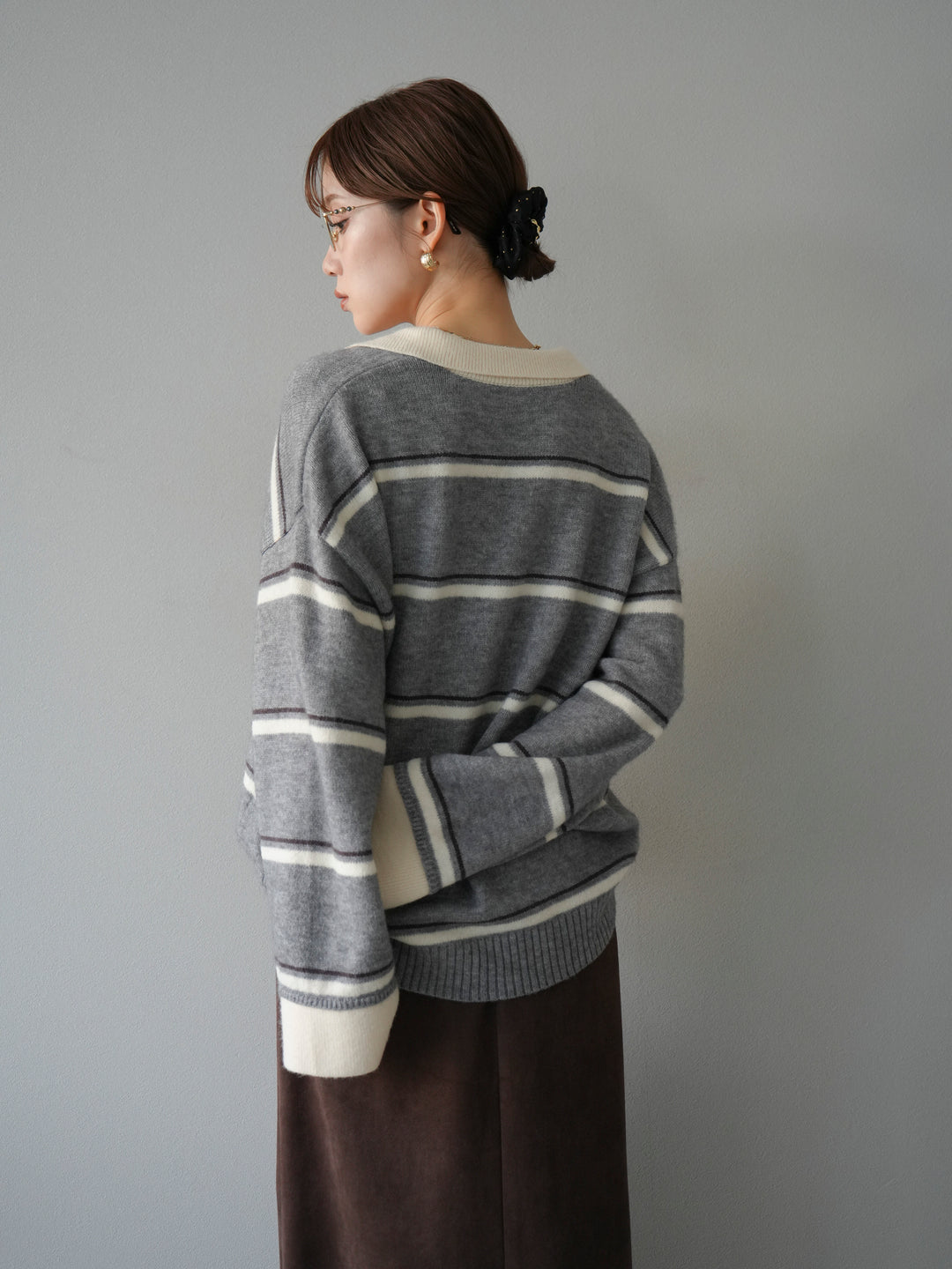 [予約]ポロ襟スキッパーボーダーニットプルオーバー/グレー