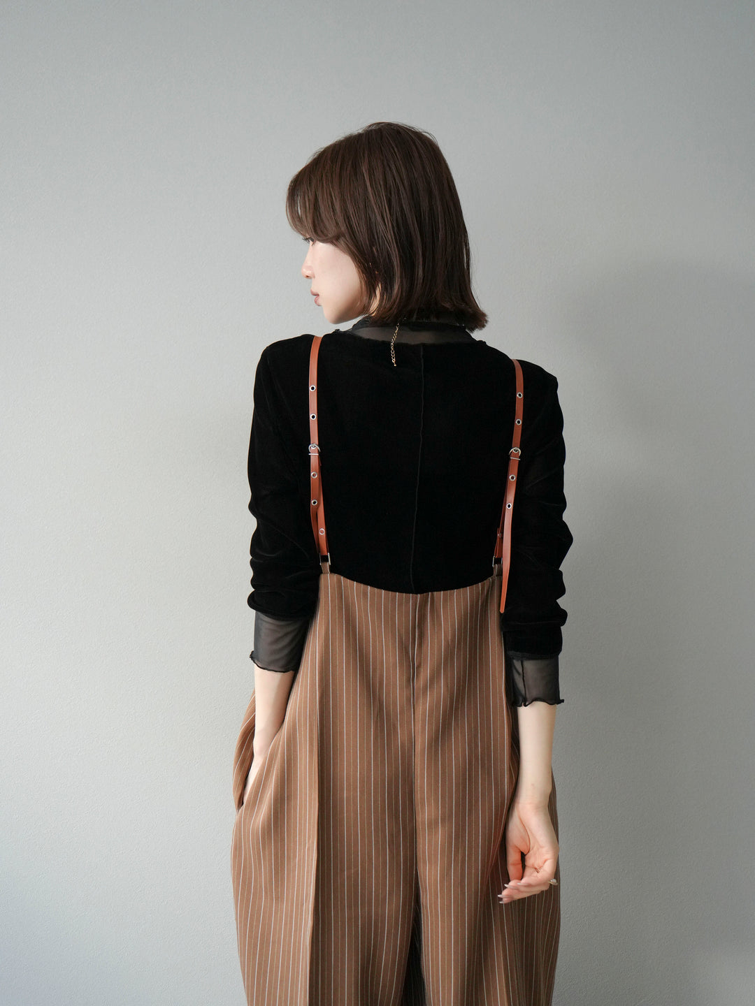 【着回しセット】[SET]ヘリンボーンストライプジレ+シアー切替ベロアトップス+ヘリンボーンストライプサロペット(3set)