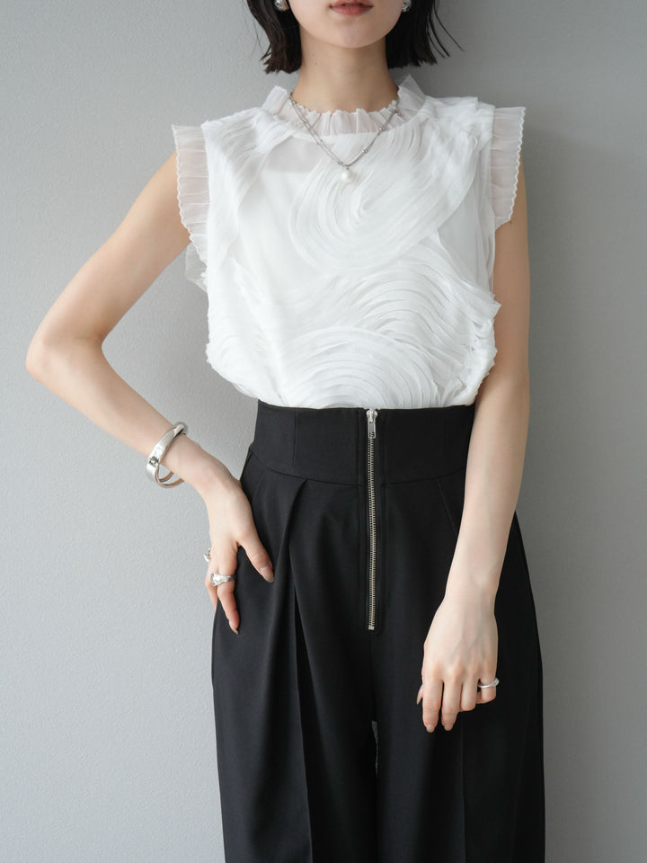 【預購】薄紗提花無袖上衣/米白