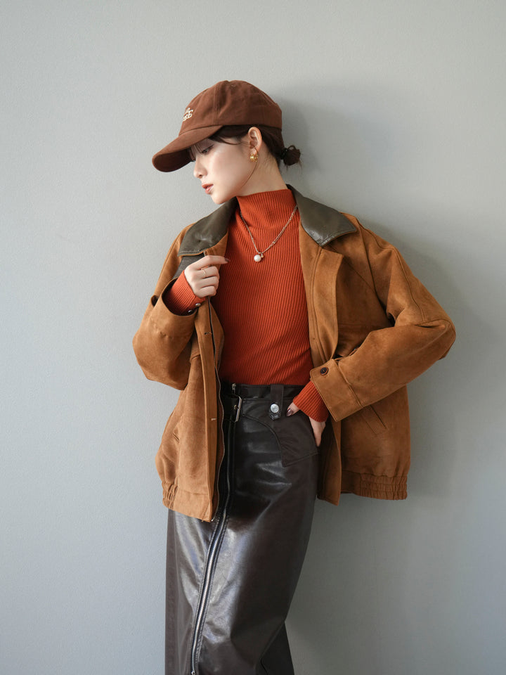 [予約]袖ボタンボトルネックリブニットトップス/オレンジ