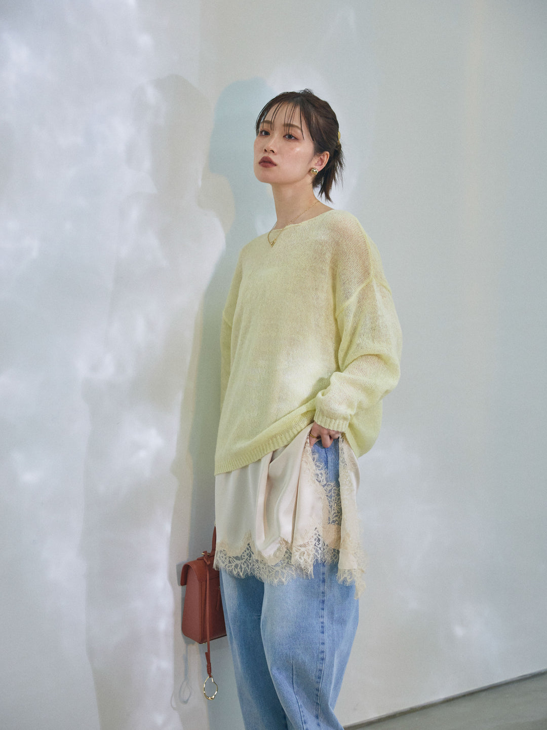 [予約]モヘアタッチ透かし編みボートネックニットプルオーバー/yellow