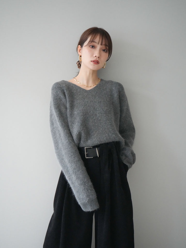 [SET]シュシュ付きアンゴラタッチVネックニットプルオーバー+ベルトデザインループコールテンワイドパンツ(ベルト付き)(2set)