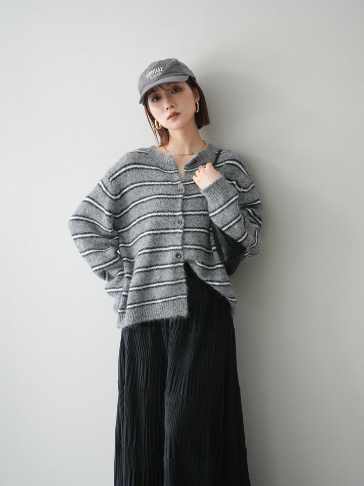[予約]ボーダーシャギーニットカーディガン/gray