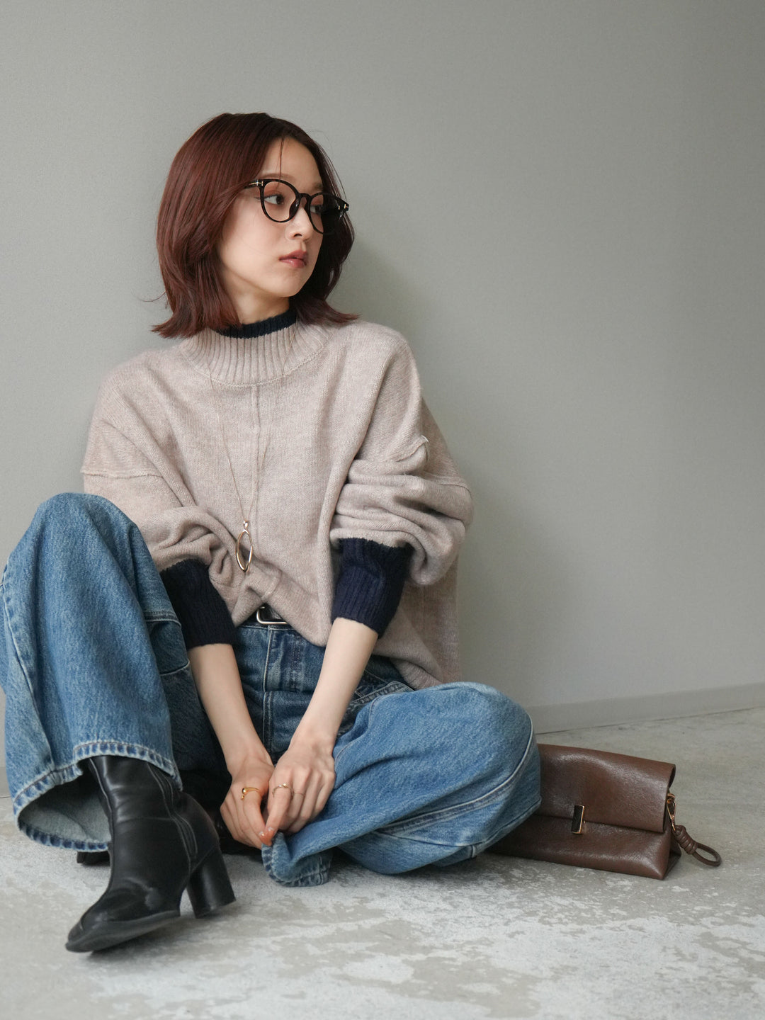 [SET]配色ハイネックニットプルオーバー+ペインターカーブデニムパンツ(2set)