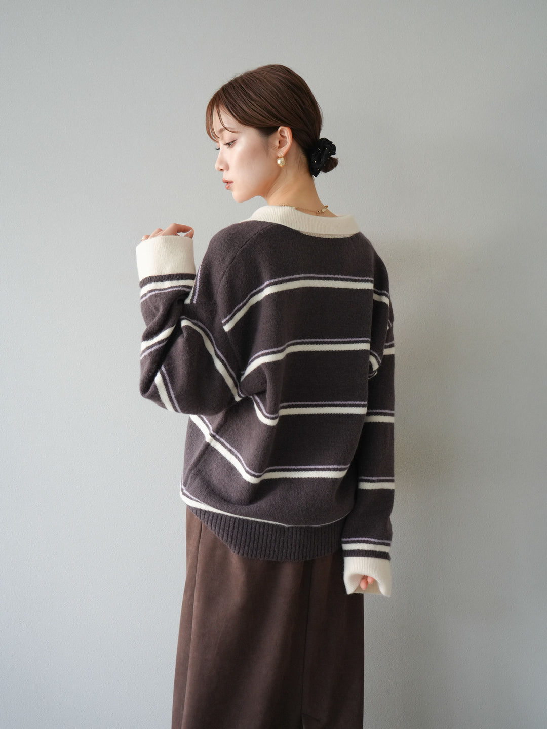 [SET]ポロ襟スキッパーボーダーニットプルオーバー+スウェードIラインスカート(2set)