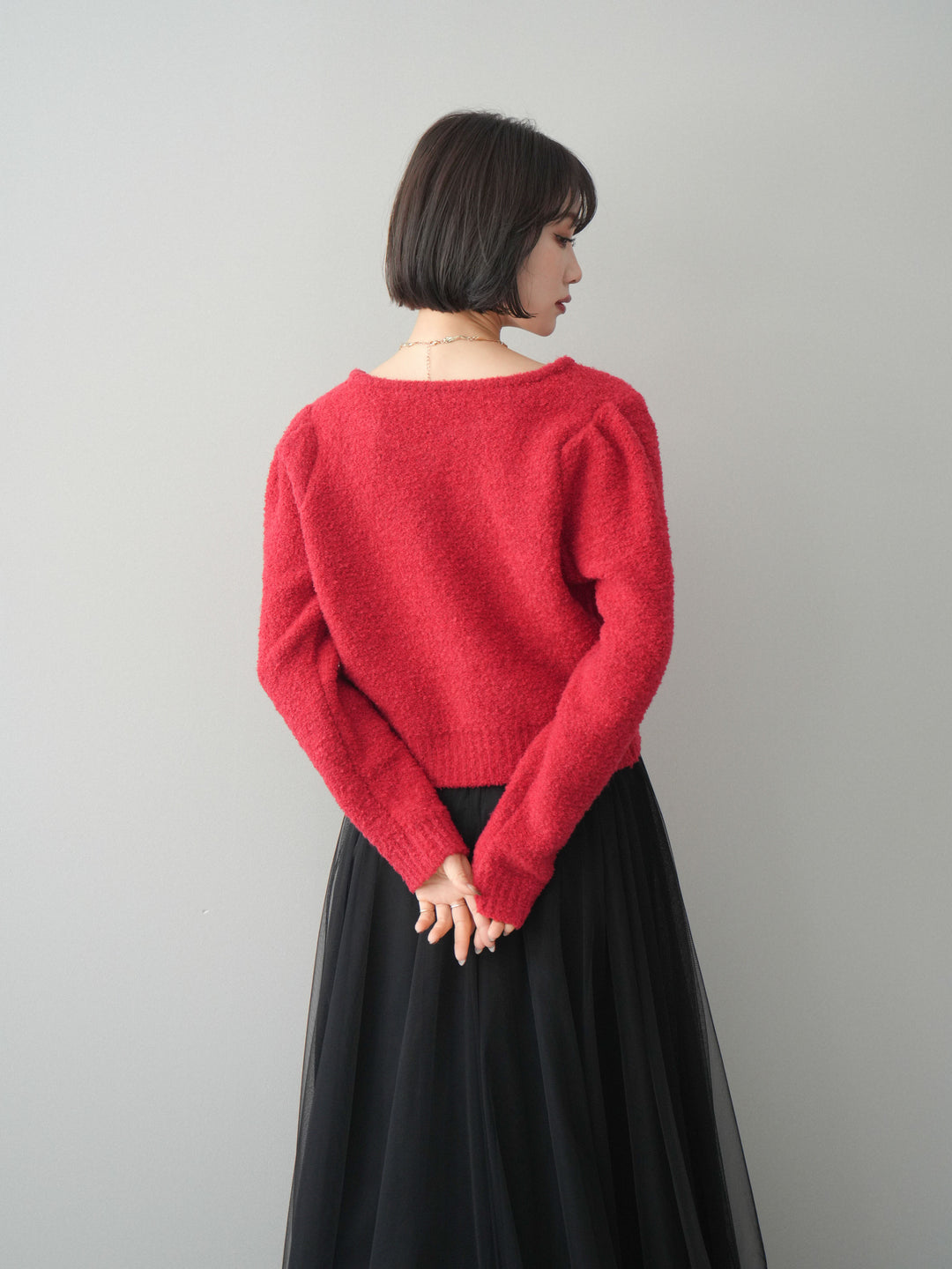 [SET]ゴールドボタンブークレニットカーディガン+チュールボリュームスカート(2set)