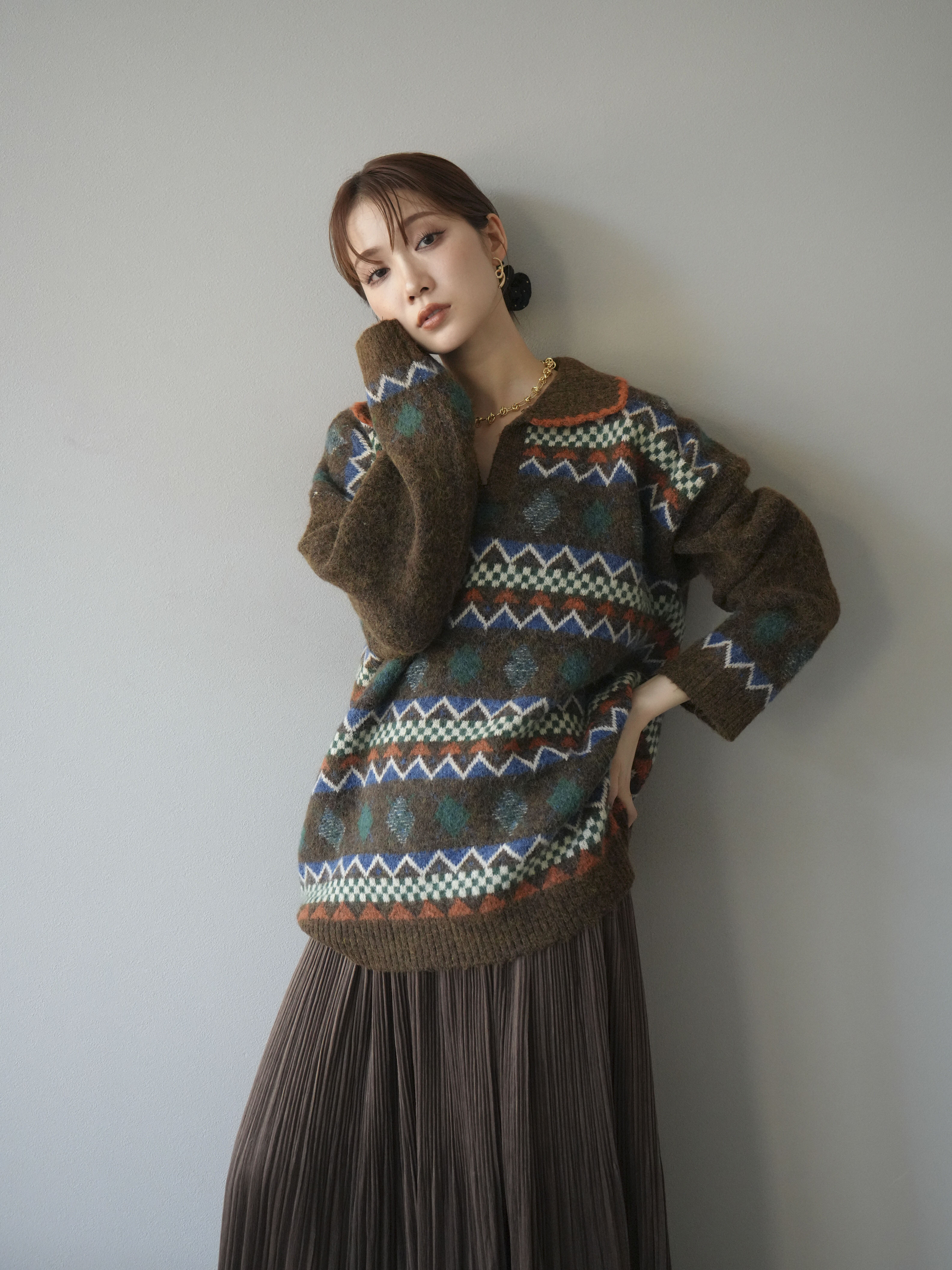 予約]ノルディック柄ポロニットプルオーバー/ブラウン – Lumier