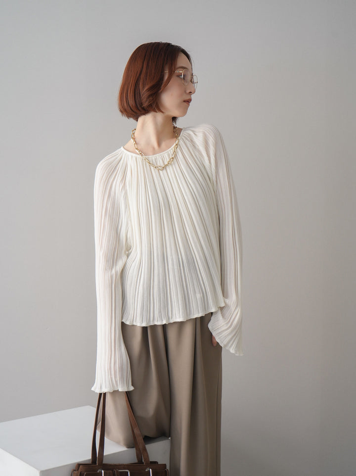 [SET]プリーツシアーフレアスリーブニットトップス+ベルト付キーホルダーモチーフワイドパンツ(2set)