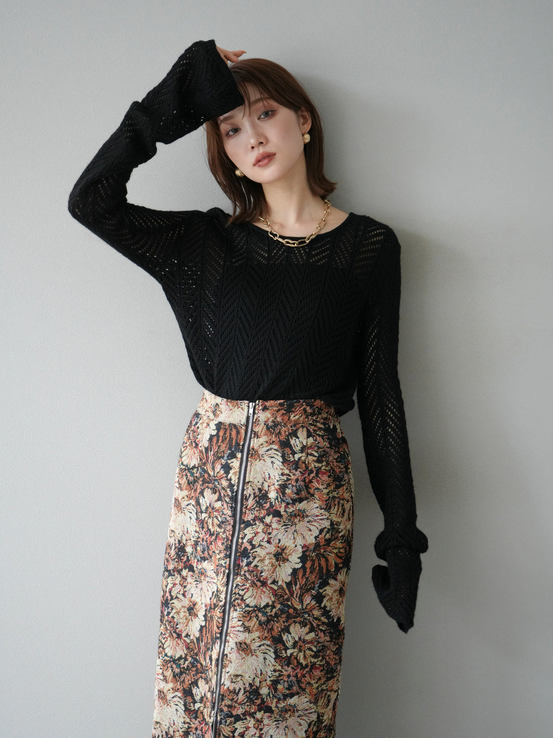 [予約]透かし編みニットトップス/ブラック